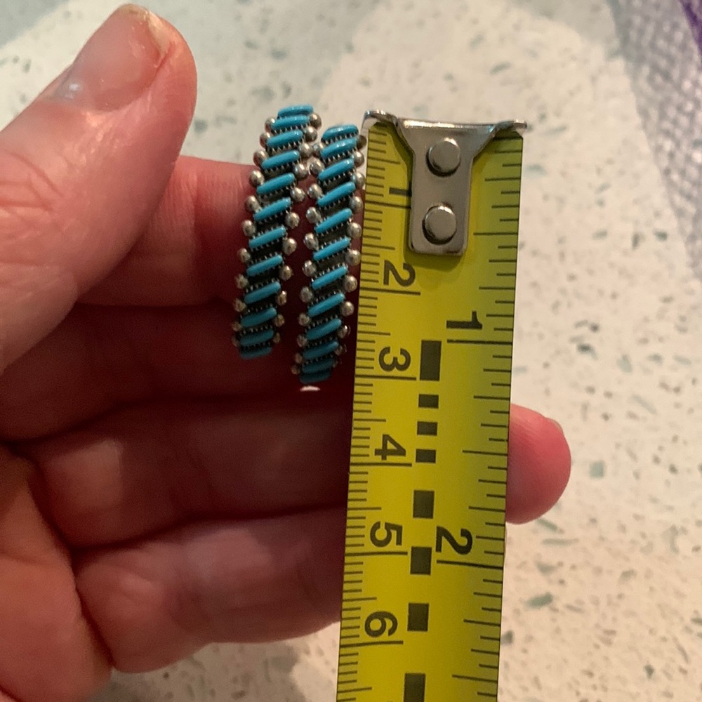 Navajo Sterling silver and needlepoint genuine torquoise half hoop earrings
